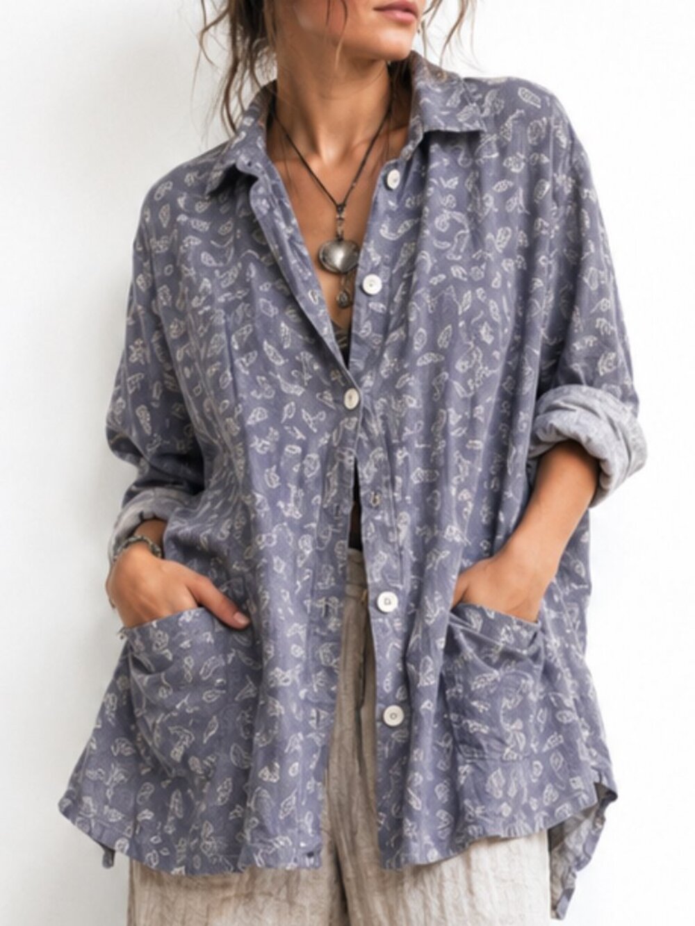 Village Boutique Highlands NC Blue Gray Leaf Print Lagenlook Button Down Tunic